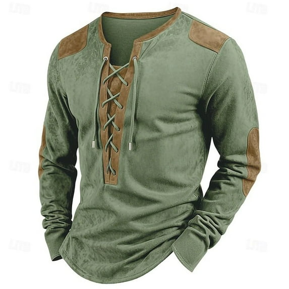 ShomPort Long Sleeve T-Shirts for Mens Lace-Up V-Neck Color Block Stylish Shirts Casual Breathable Patchwork Outdoor Tees