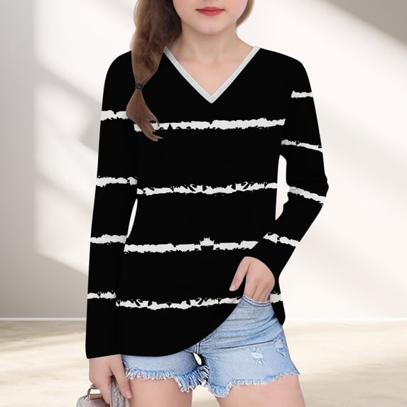 ShomPort Long Sleeved T-Shirt for Toddler Children Striped V-Neck Undershirt Lightweight Loose Tops Trendy Breathable Tees