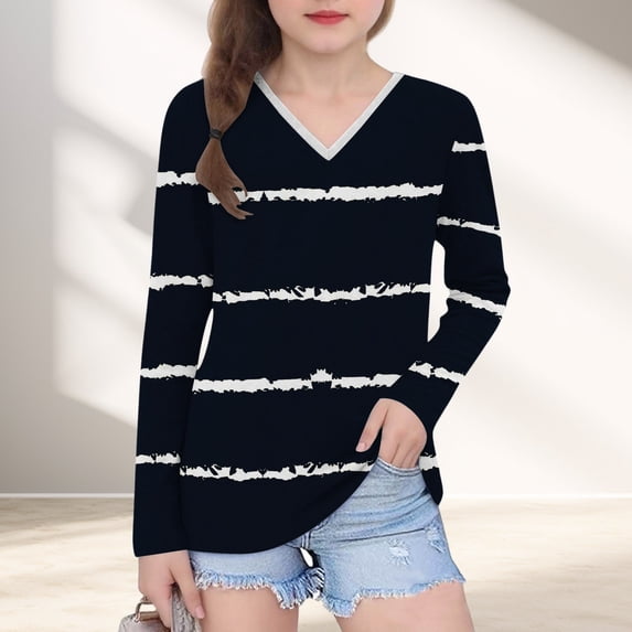 ShomPort Long Sleeved T-Shirt for Toddler Children Striped V-Neck Undershirt Lightweight Loose Tops Trendy Breathable Tees