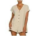 thumbnail image 1 of ShomPort Loose Cotton Linen Short Overalls for Women Summer Casual V-Neck Cap Sleeve Button Jumpsuit with Pockets, 1 of 8