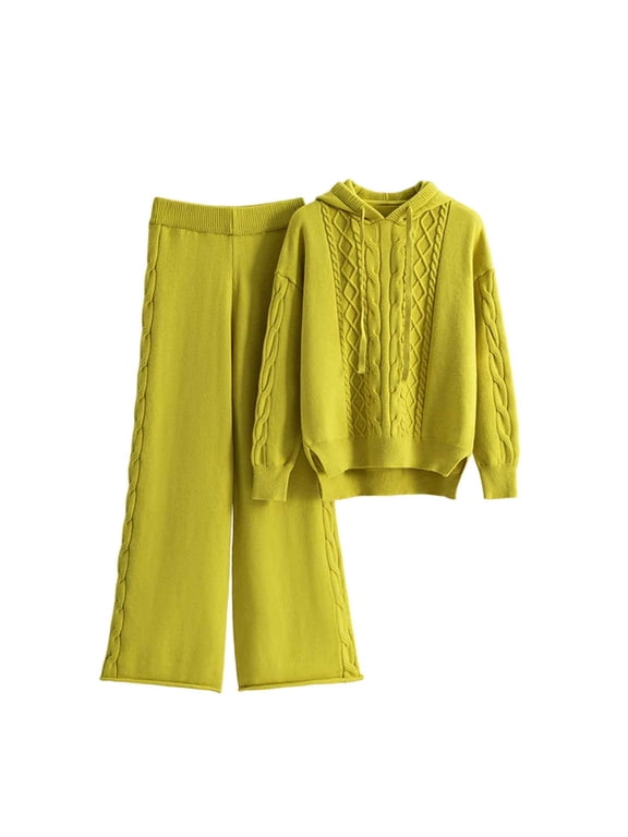 Lounge Sets for Women Long Sleeve Hoodies and Pant Cable Knit Outfit 2 Piece Sets Casual Soft Warm Loungewear