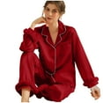 thumbnail image 1 of ShomPort Loungewear Set for Womens Long Sleeve Lapel Fleece Cuff Button Up Outfit with Chest Pocket Smoothing 2 Piece Pajamas, 1 of 8
