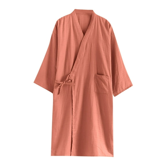 ShomPort Loungewear for Mens Tie 3/4 Sleeve Knee Length Cotton Lightweight Robes Breathable V-Neck Solid Color Casual Sleepwear