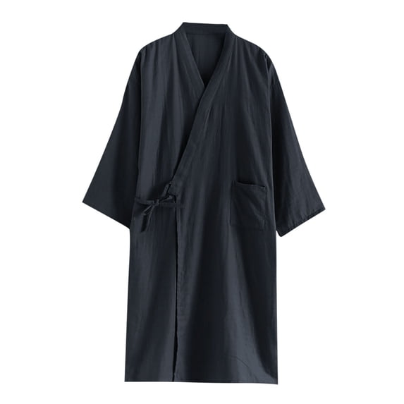 ShomPort Loungewear for Mens Tie 3/4 Sleeve Knee Length Cotton Lightweight Robes Breathable V-Neck Solid Color Casual Sleepwear
