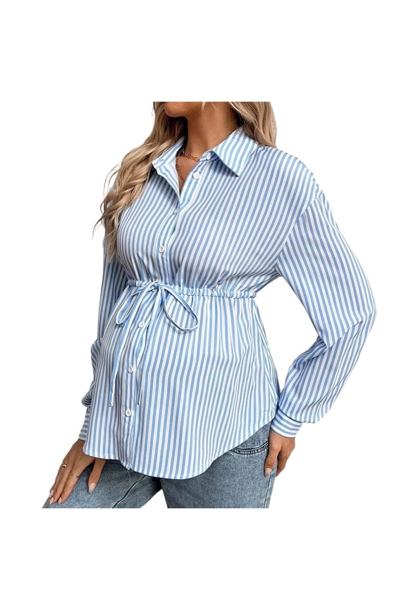 Maternity Blouses Dressy Collared Workwear Striped Long Sleeve Button down Shirts Business Casual Tops