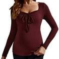 thumbnail image 1 of ShomPort Maternity Casual T-Shirt U-Neck Textured Tie Front Long Sleeve Solid Color Dressy Blouses Business Pregnant Tees Tops, 1 of 7