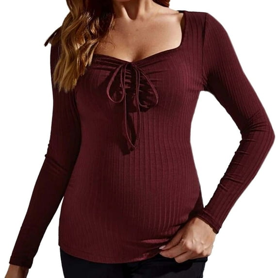 ShomPort Maternity Casual T-Shirt U-Neck Textured Tie Front Long Sleeve Solid Color Dressy Blouses Business Pregnant Tees Tops