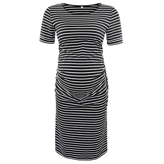 ShomPort Maternity Maxi Dress Short Sleeve Round Neck Maternity Sweater Dress Soft Knit Striped Bodycon Long Dresses