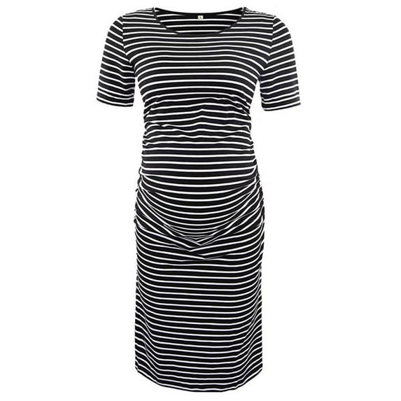 ShomPort Maternity Maxi Dress Short Sleeve Round Neck Maternity Sweater Dress Soft Knit Striped Bodycon Long Dresses