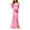 thumbnail image 1 of ShomPort Maternity Photography Dress Bodycon Off The Shoulder Ruched Slit Mesh Patchwork Maxi Gown Baby Shower Dress, 1 of 7
