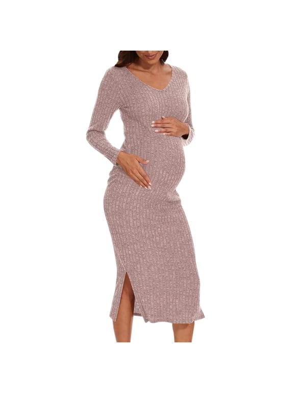 Maternity Sweater Dress Comfy Ribbed Knit Fall Winter Long Sleeve Warm Split Midi Dress Lounge Pregnancy Dresses
