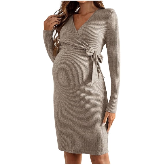 ShomPort Maternity Sweater Dress Winter Fall Comfy Stretchy Tie Waist Long Sleeve Wrap Knit Bodycon Casual Outfits