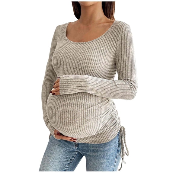 ShomPort Maternity Sweater Tops Fall Ribbed Knit Shirts Drawstring Side Ruched Long Sleeve Slim Casual Pregnancy Clothes