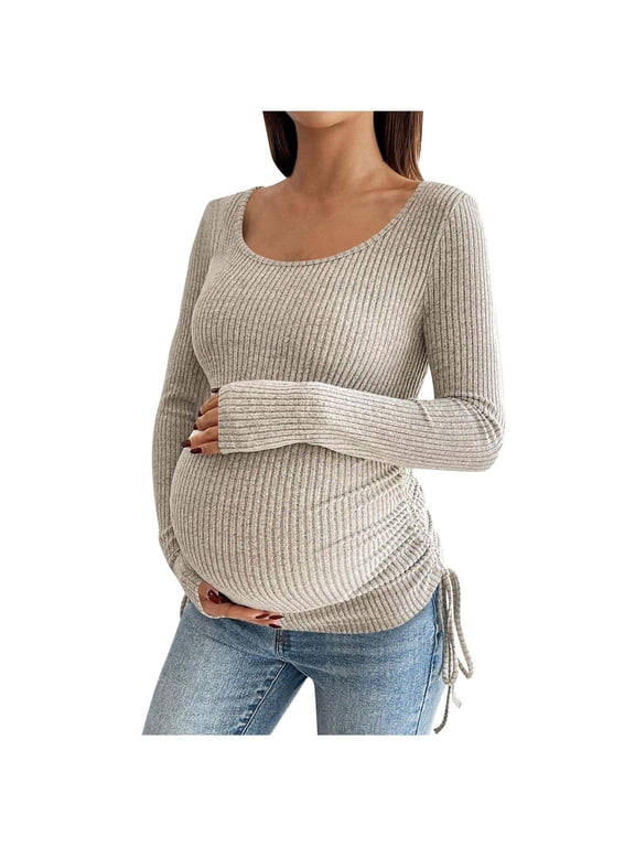 Maternity Sweater Tops Fall Ribbed Knit Shirts Drawstring Side Ruched Long Sleeve Slim Casual Pregnancy Clothes