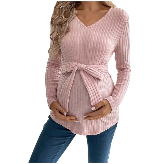 ShomPort Maternity Tops Shirts Dressy V Neck Pregnancy Tunic Blouses Ribbed Long Sleeve Winter Fall Sweater Shirt