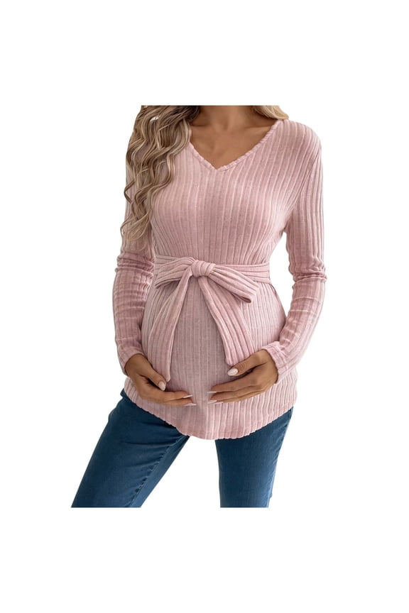 Maternity Tops Shirts Dressy V Neck Pregnancy Tunic Blouses Ribbed Long Sleeve Winter Fall Sweater Shirt