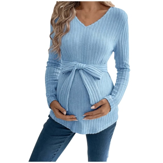ShomPort Maternity Tops Shirts Dressy V Neck Pregnancy Tunic Blouses Ribbed Long Sleeve Winter Fall Sweater Shirt