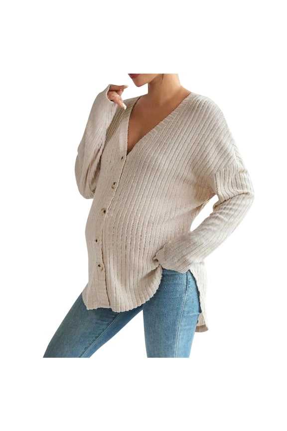 Maternity Tops for Women Ribbed Knit Buttons Down V Neck Maternity Sweater Drop Shoulder Maternity Top Tee Shirt