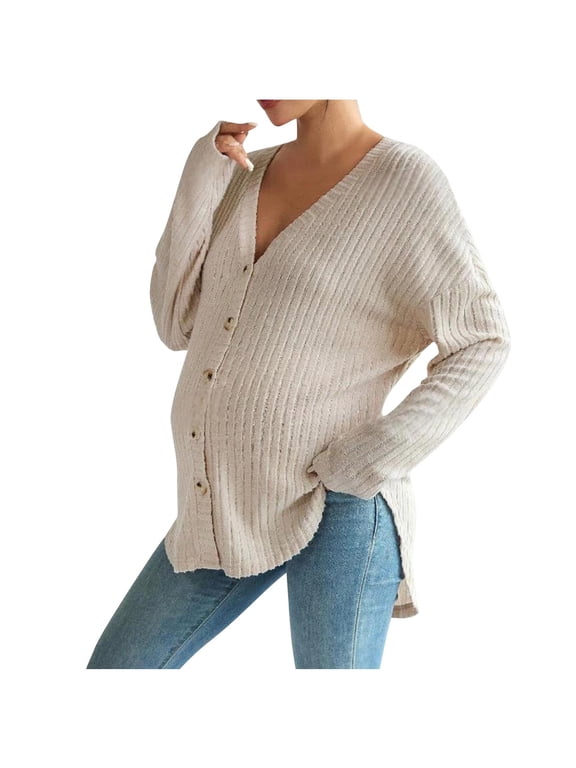 Maternity Tops for Women Ribbed Knit Buttons Down V Neck Maternity Sweater Drop Shoulder Maternity Top Tee Shirt