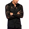 thumbnail image 1 of ShomPort Men's Button Down Shirt Floral Lace See Through Patchwork Collared Long Sleeve Clubwear Going Out Outfits, 1 of 3