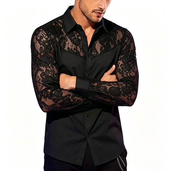 ShomPort Men's Button Down Shirt Floral Lace See Through Patchwork Collared Long Sleeve Clubwear Going Out Outfits