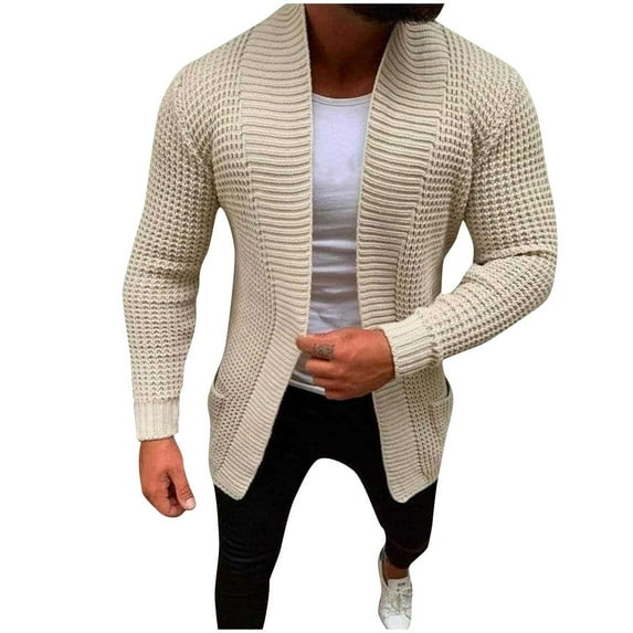 ShomPort Men's Cable Knit Sweaters Long Sleeve Solid Color Slim Cardigans Open Front Knitted Coat