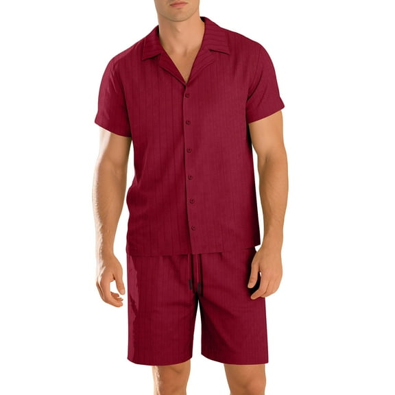 ShomPort Men's Casual Sleepwear Knitted Ribbed Turn Down Button Shirt Drawstring Breathable Shorts Solid Color Comfy Nightwear Set