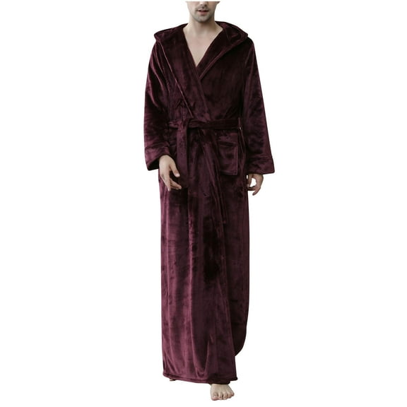 ShomPort Men's Hooded Flannel Robes Floor Length Shawl Collared Belt Cozy Warm Long Bathrobes Soft Loungewear with Pockets