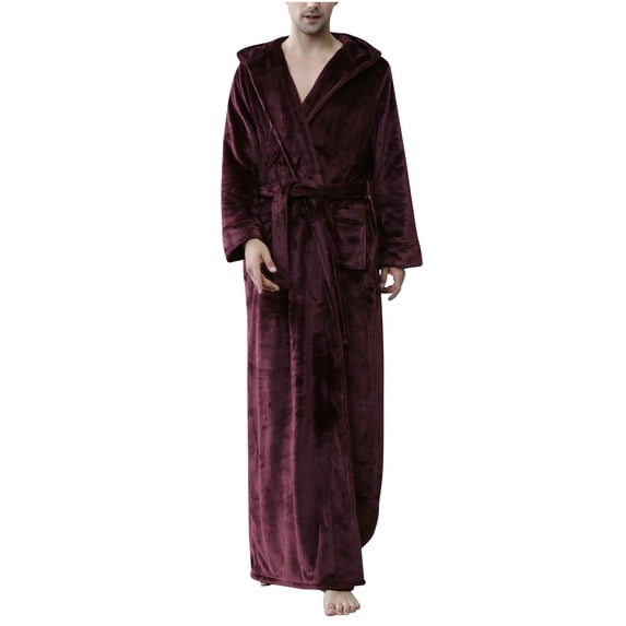 ShomPort Men's Hooded Flannel Robes Floor Length Shawl Collared Belt Cozy Warm Long Bathrobes Soft Loungewear with Pockets