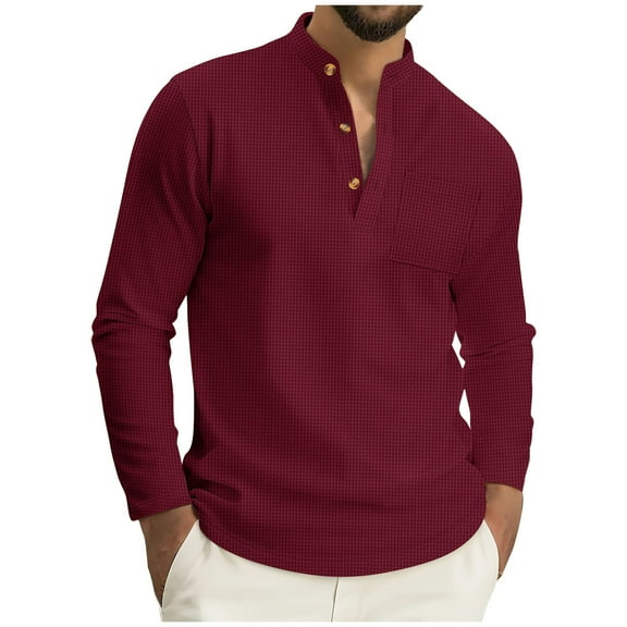 ShomPort Men's Long Sleeve Shirt Button Textured Stand Collar Solid Color Basic Tops Casual Workwear with Chest Pocket