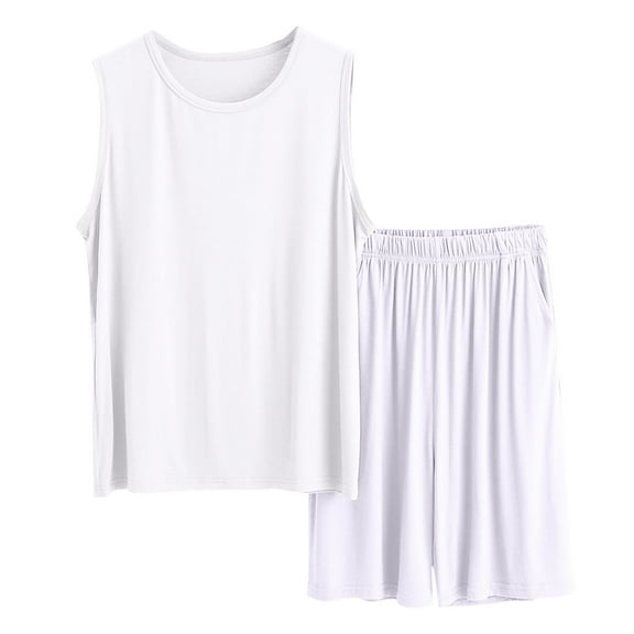 ShomPort Men's Pajamas Set Sleeveless Round Collared Tank Tops Elastic Waistband Comfy Short Pants Smoothing Loose Loungewear Set
