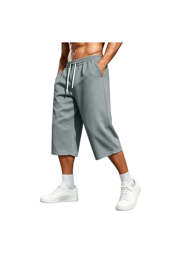 Men's Capri Pants Summer Baggy Sweat Shorts Below Knee Drawstring Sport Casual Pants with Pockets