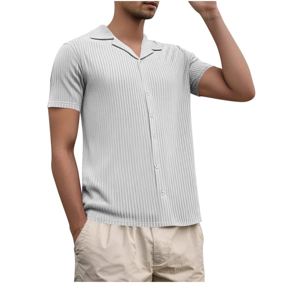 ShomPort Mens Hawaiian Shirt Ribbed Knit Short Sleeve Tshirts Button Down Lapel Shirt Summer Casual Beach Tops