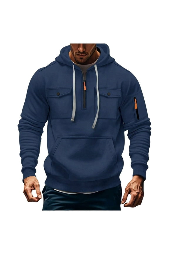 Mens Long Sleeve Cargo Sweatshirts Quarter Zip Drawstring Comfy Hooded Shirt Loose Hoodies with Multi-Pockets