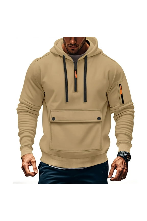 Mens Long Sleeve Cargo Sweatshirts Quarter Zip Drawstring Comfy Hooded Shirt Loose Hoodies with Multi-Pockets