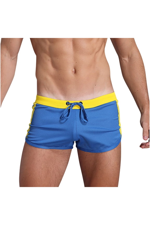 Mens Seamless Boxer Briefs Drawstring Color Block Mid-Rise Waisted Hip Lift Breathable Workout Panties