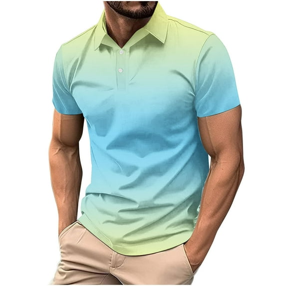 ShomPort Mens Tshirts Casual Gradient Color Turn Down Collar 2 Button Tops Fashion Daily Outdoor Blouse