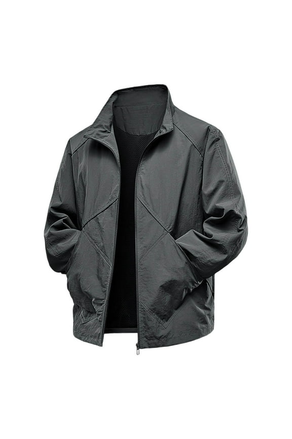 Mens Waterproof Coat Stand Collar Long Sleeve Full Zip Windbreaker Casual Solid Color Outdoor Cargo Jacket with Pocket