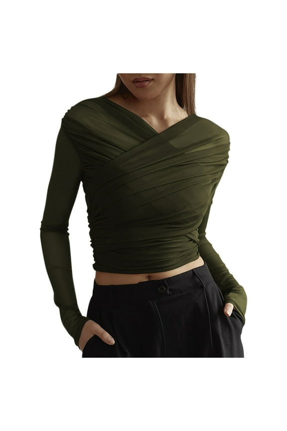 Mesh Crop Tops for Womens Long Sleeve V-Neck Wrap Comfy Tees Blouses Ruched Lightweight Going Out Trendy Daily T-Shirts