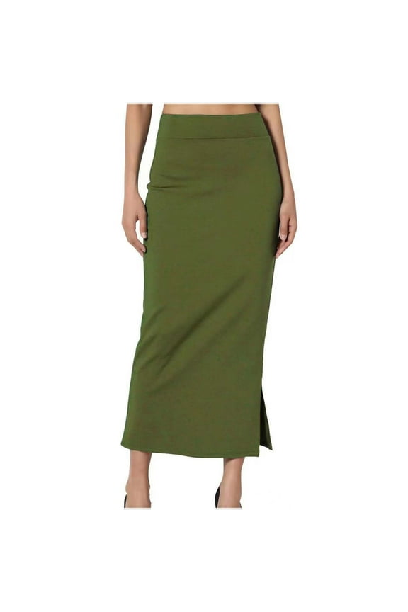 Midi Pencil Basic Skirt Casual High Waist Solid Color Split Side Bodycon Mid Length Skirts for Women