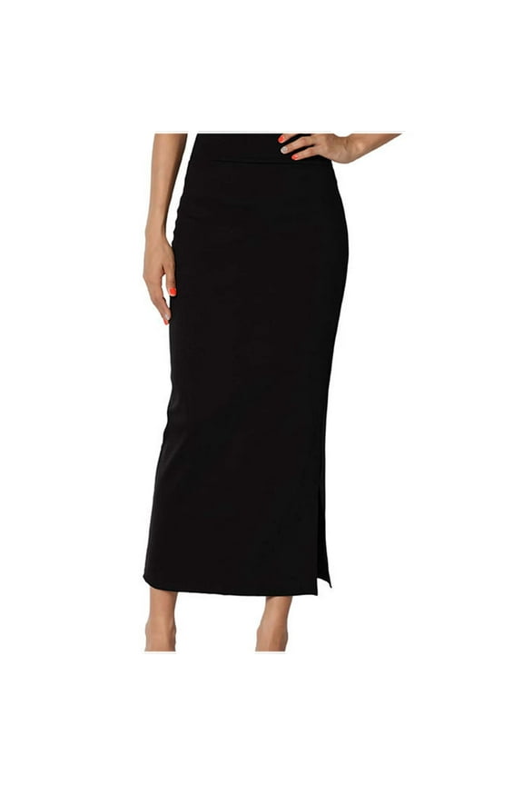 Midi Pencil Basic Skirt Casual High Waist Solid Color Split Side Bodycon Mid Length Skirts for Women