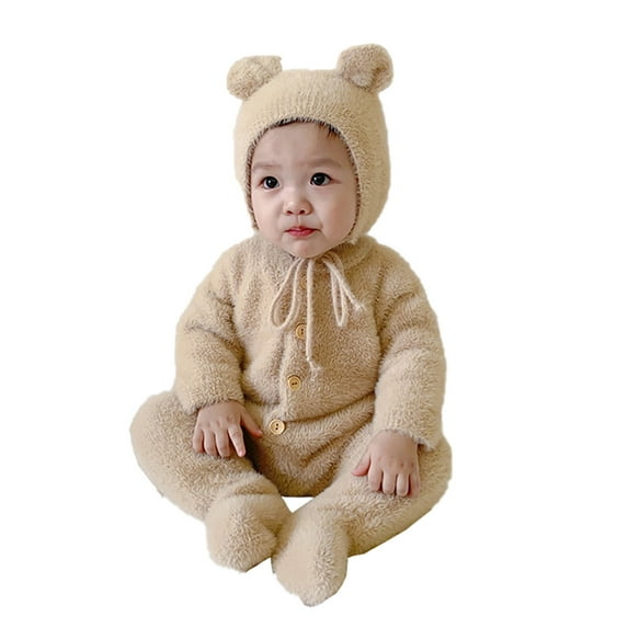 ShomPort Newborn Girls Boys Fleece Jumpsuit Buttons Down Long Sleeve Thicken Romper Infant Winter Hooded Snowsuit Outfit