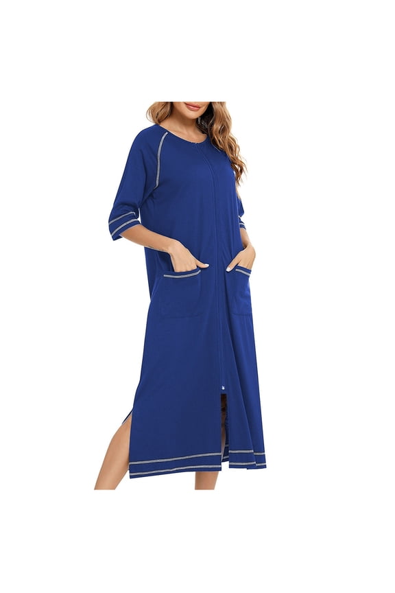Nightgown for Womens Zip Up Short Sleeve Round Collared Side Split Cotton Sleepwear Breathable Loungewear with Pockets