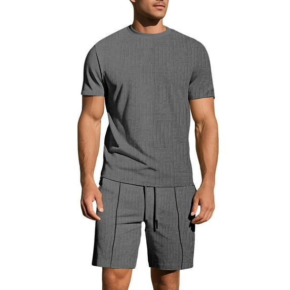 ShomPort Nightwear for Mens Knit Ribbed Solid Color Short Sleeve Crewneck Tees Drawstring Pants Comfort Pajamas Daily Loungewear Set