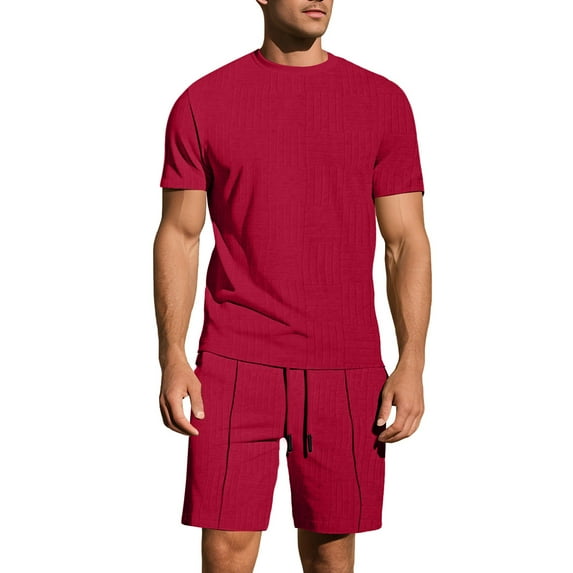 ShomPort Nightwear for Mens Knit Ribbed Solid Color Short Sleeve Crewneck Tees Drawstring Pants Comfort Pajamas Daily Loungewear Set