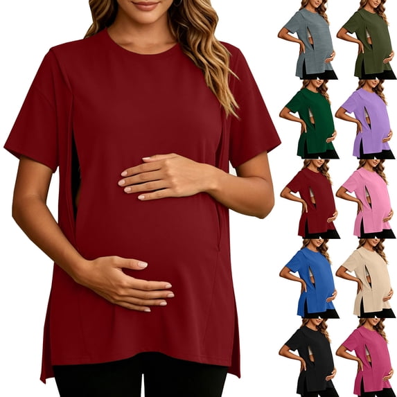 ShomPort Women's Nursing Tops for Breastfeeding Oversized Short Sleeves Side Splits Hidden Zipper Maternity Top