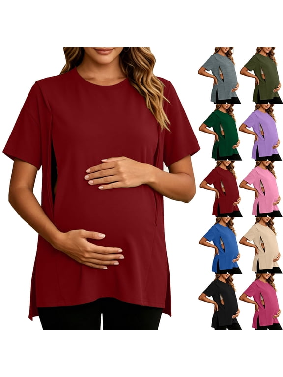 Women's Nursing Tops for Breastfeeding Oversized Short Sleeves Side Splits Hidden Zipper Maternity Top