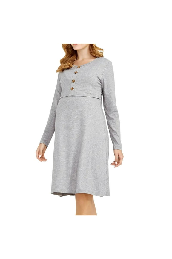 Nursing Dress Fall Long Sleeve Buttons Down Round Neck Maternity Dress Knee Length Swing Dress