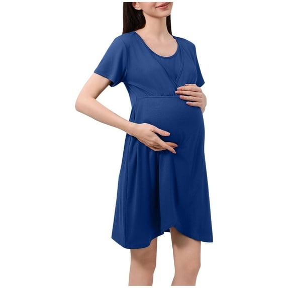 ShomPort Nursing Pajama Set Short Sleeve Round Neck Solid Color Maternity Sleepwear for Breastfeeding