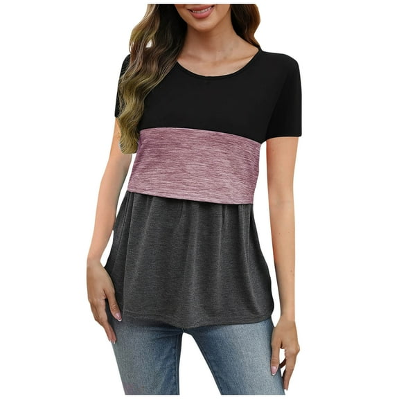 ShomPort Nursing Tshirt Color Block Maternity Short Sleeve Top for Breastfeeding Pregnancy Shirt